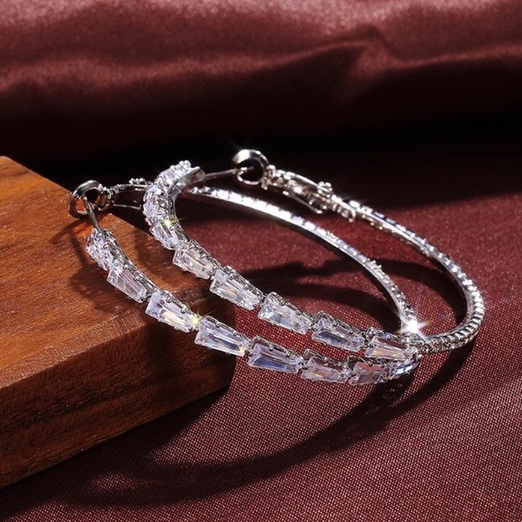 925 Sterling Silver White Sapphire Hoop Earrings - Picture 7 of 7